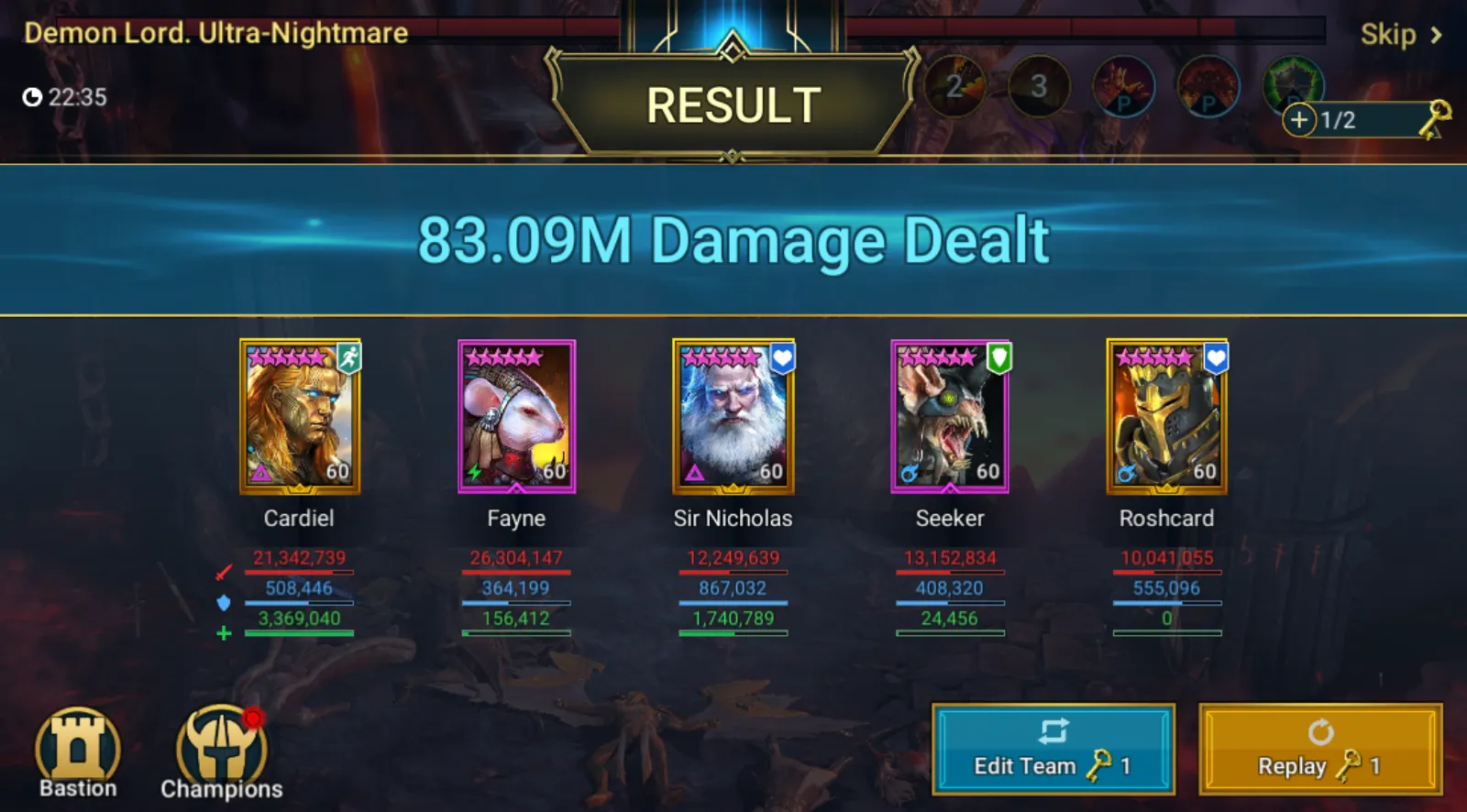 Raid Shadow Legends Demon Lord Ultra-Nightmare Clan Boss result, 83.09M damage after a takeover regear