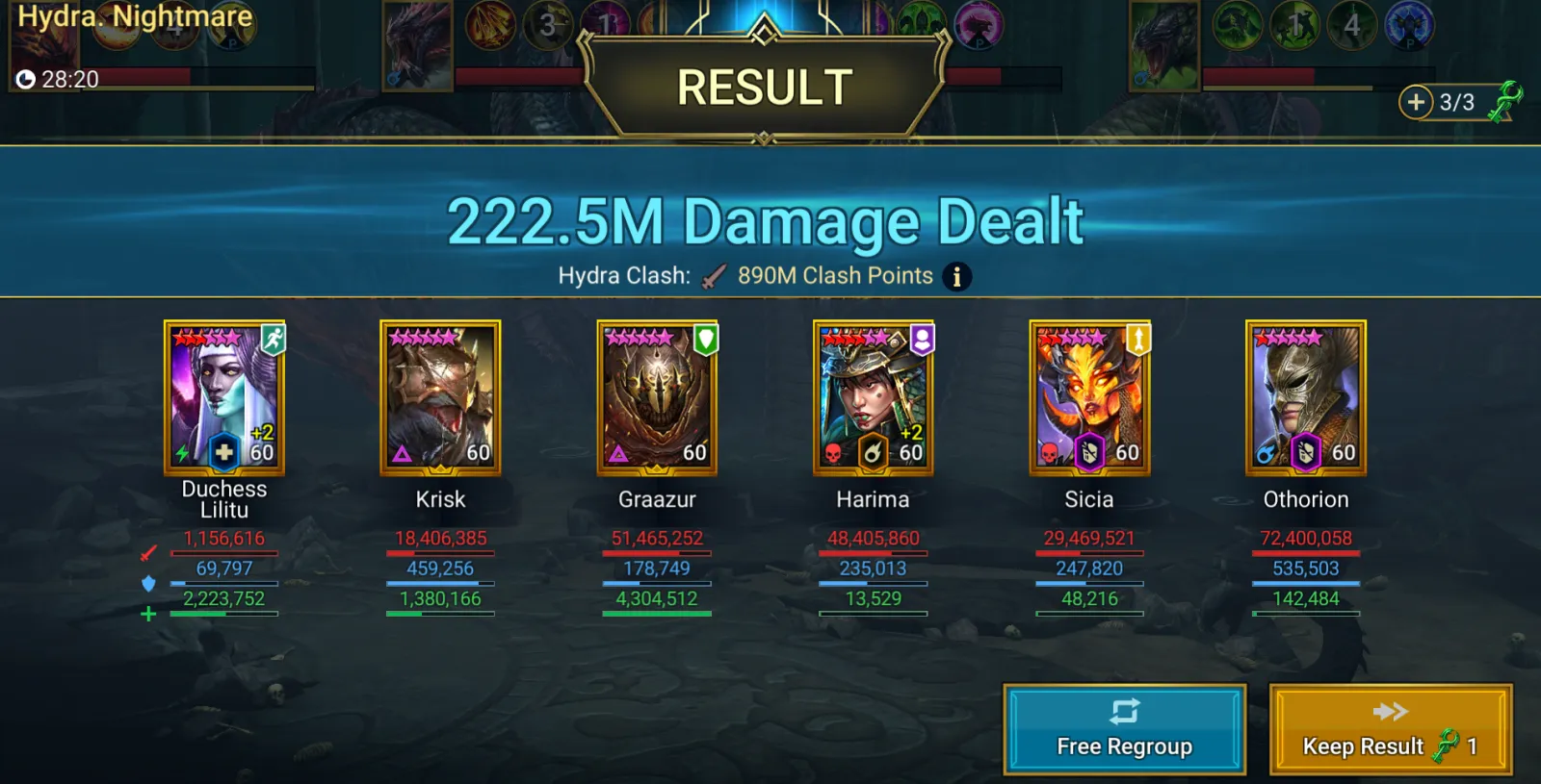 Raid Shadow Legends Hydra Nightmare result, 222.5M damage after coaching